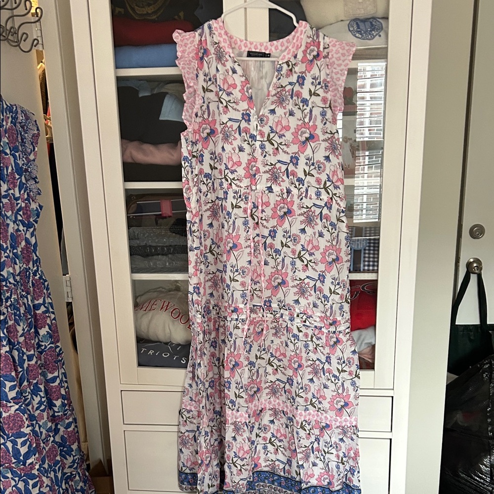 Vineyard Vines Pink and Blue Floral Tie Waist Midi Dress